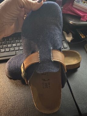 Birkenstock Navy Denim Clog with Tan Buckle